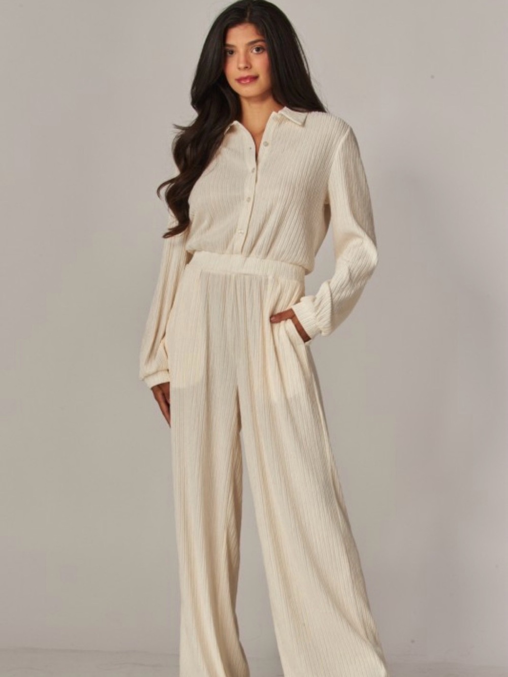 Cream Plisse Textured Wide-Leg Jumpsuit